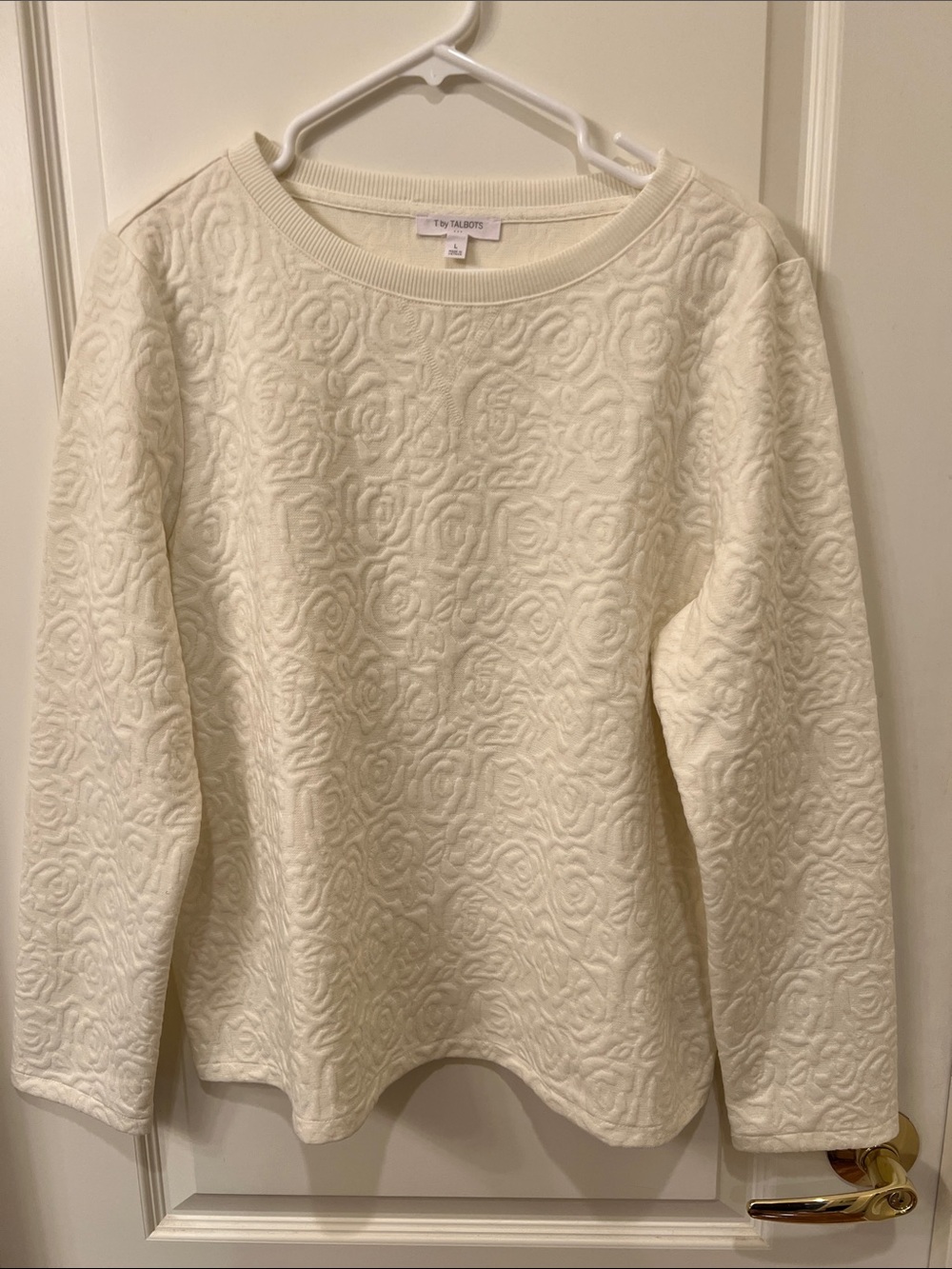 Talbots Ivory Textured Rose-Embroidered Sweatshirt -